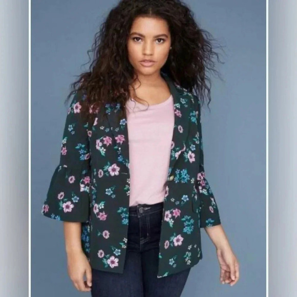 Lane Bryant the Bryant Blazer Floral Flare Bell Sleeves Green Women’s Size 26 - Picture 1 of 13